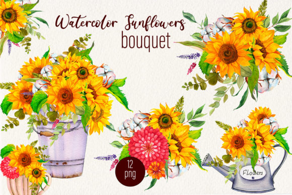 Download Sunflower and Cotton Watercolor Bouquet - Watercolor bouquet Collection