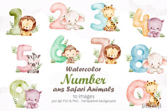 Download Watercolor Number and Safari Animals - Number Collection